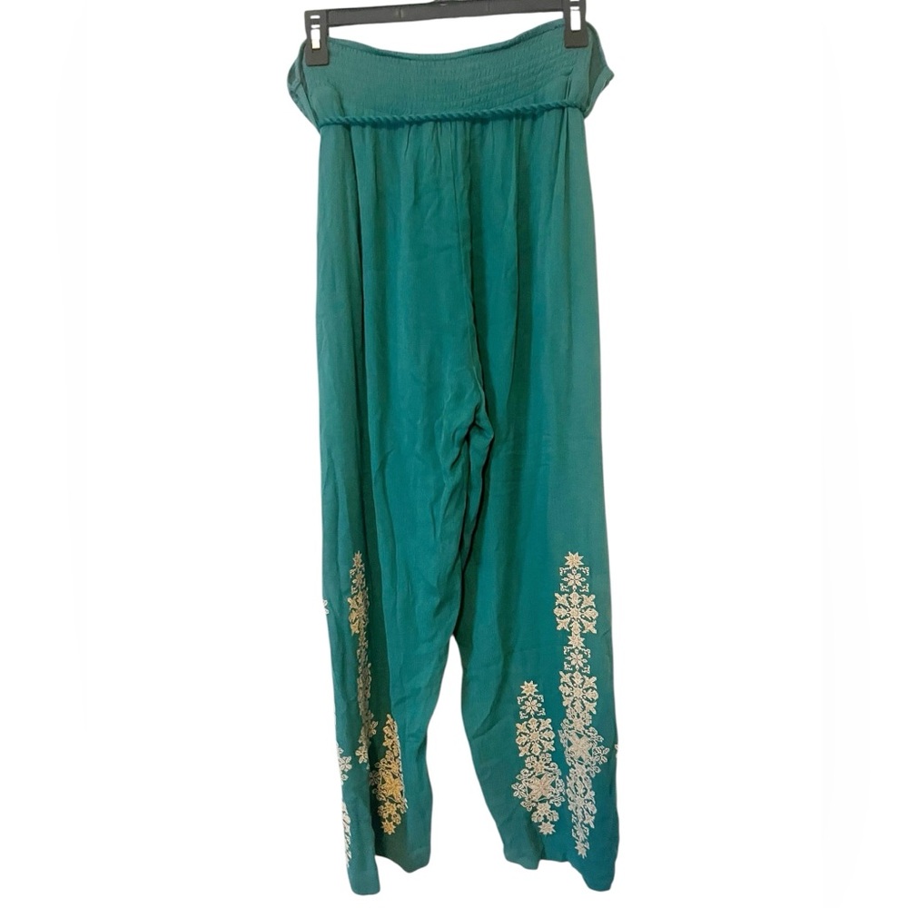 Sundance Teal Spice Route Embroidered Wide Leg Pants‎ Elastic Waist Size Large - Picture 2 of 5